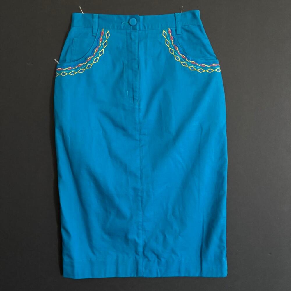 VTG 90s I.B. Diffusion Blue Embroidered Midi Skirt Southwest Western - Size 6